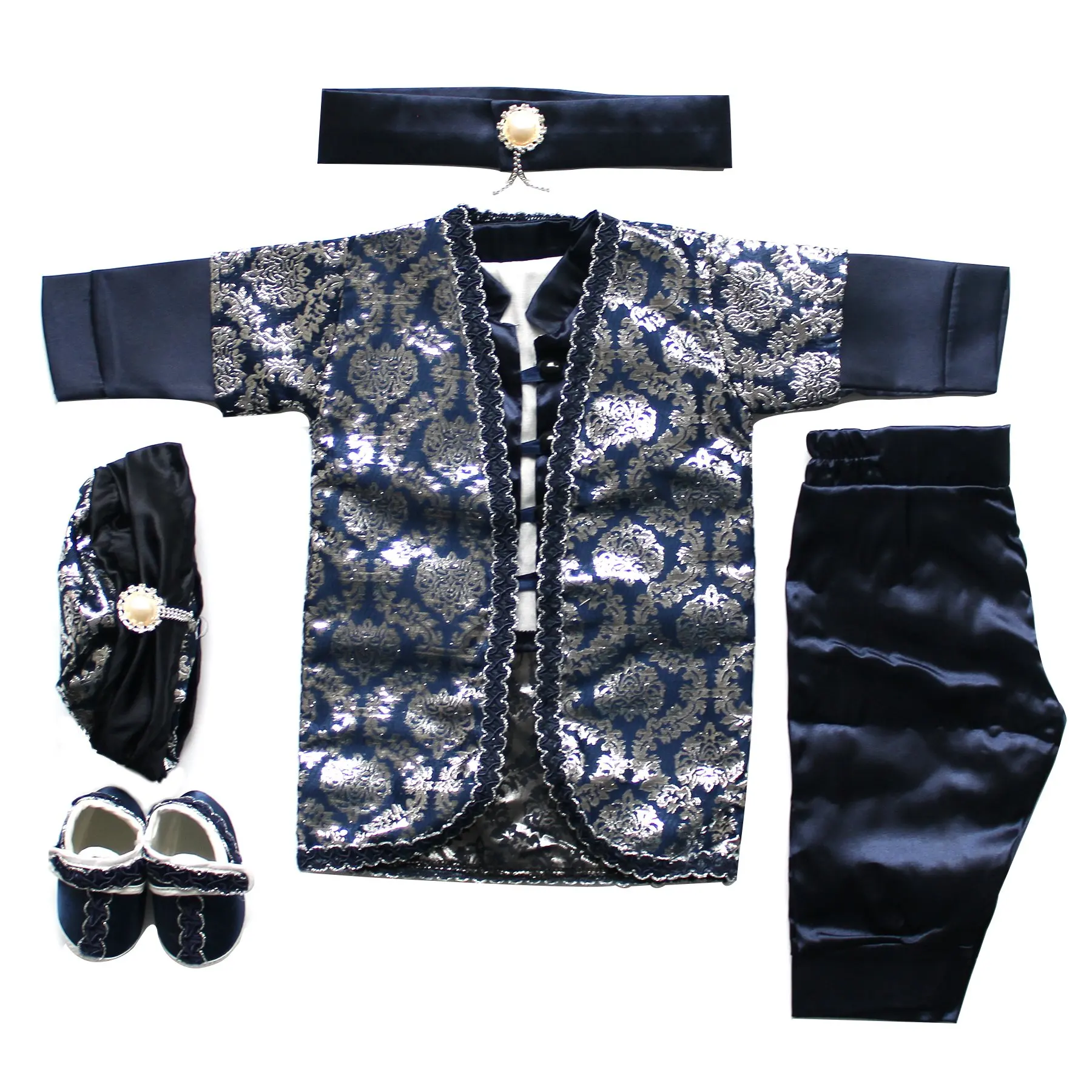 Prince Set Baby Boy Navy Blue Silver Embroidered Ottoman Clothes Infant Clothing Cotton Long Sleeve Kids Children Autumn |