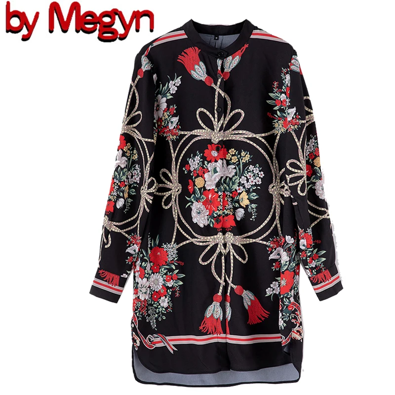 Black 2 Pattern От Megyn, блузка с цветочным принтом, осенняя Женская Повседневная рубашка с длинным рукавом и воротником-бантиком, высококачественные Шифоновые Топы для женщин, 3XL, X-Long - Цвет: Black 2 Pattern