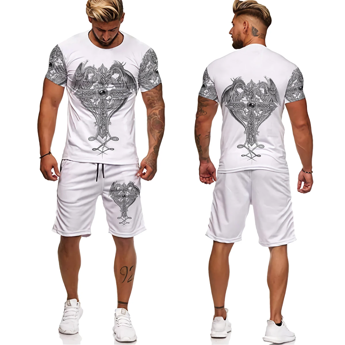 Spring Summer 3D Fly Dragon Tattoo Printed Men's Tracksuit 2 Piece Set Fashion T Shirt Men Sportswear Casual Men Clothing Suit cotton t shirts