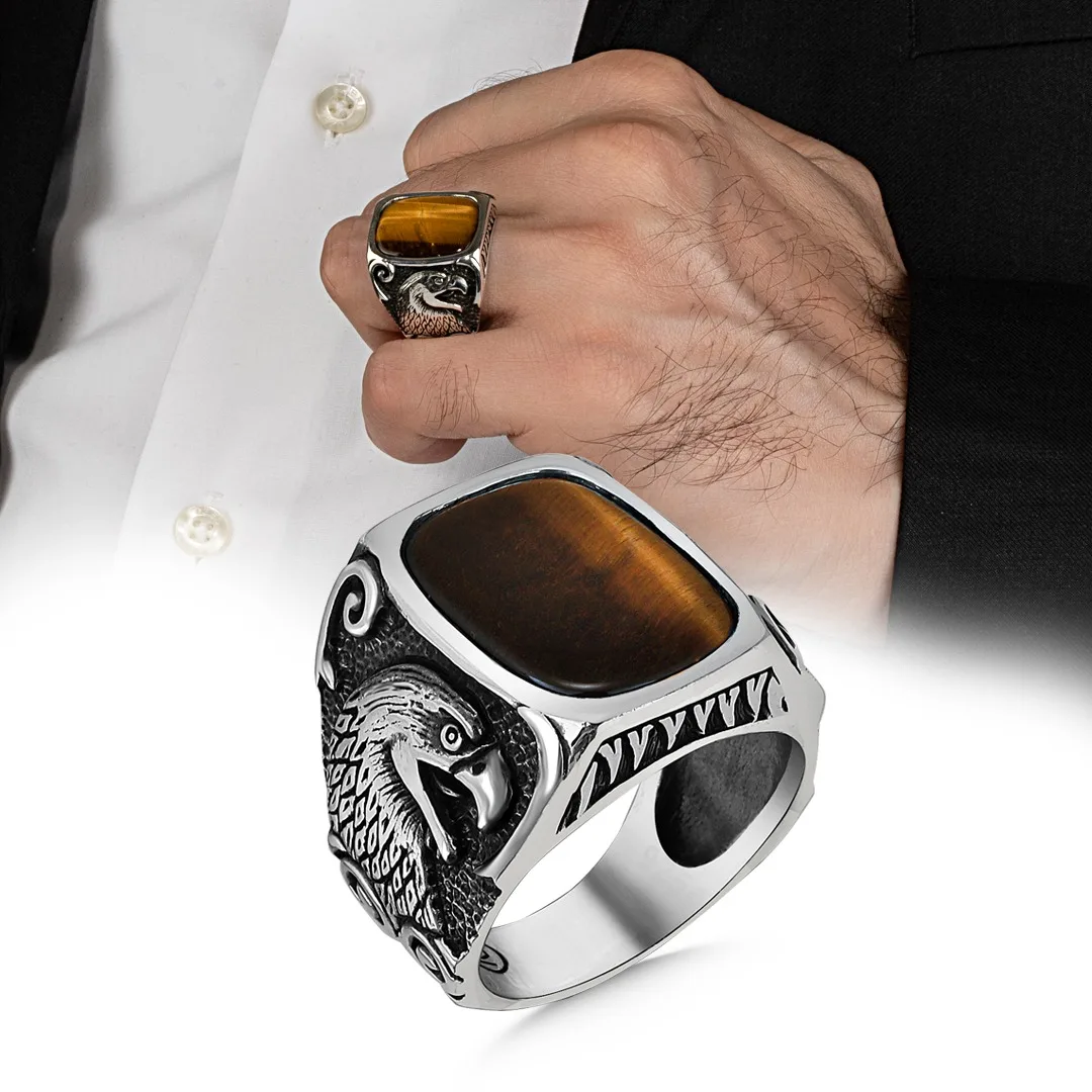 Anello Ovale Tigereye Stone Flying Eagle Per Uomo 925 Sterling Silver Collocazione Fashion Natural Male Punk Mask Rings Vintage