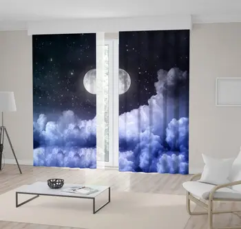 

Curtain Cloudy Night Sky with Full Moon and Stars Magical Nature Romantic Scenery Printed Gray Blue