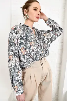 

Trend Alacati Style Women 'S Cat Printed Boyfrıend Shirt ALC-X3906