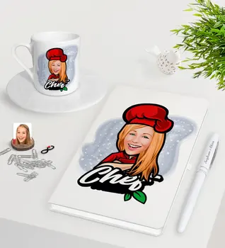 

Personalized Women 'S Chef Caricature Of White Notebook Pen Turkish Coffee Cup Seti-10