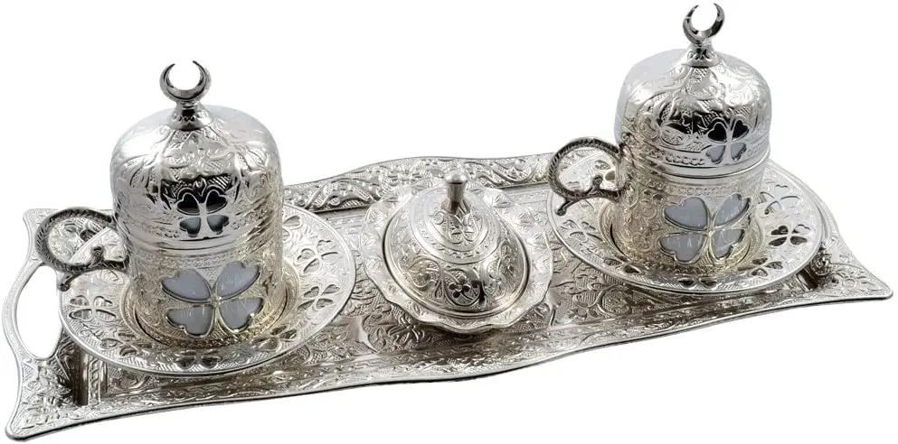 Handmade  authentic Design Turkish Greek Arabic Coffee Espresso Set for 2 Service, Cups Saucers Lids Tray Delight Candy Dish GIFT