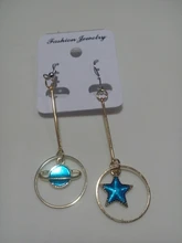 Pendientes asimétricos de círculo azul esmaltado para mujer, de estilo coreano, estrella, Luna, planeta, no perforados, regalo de fiesta