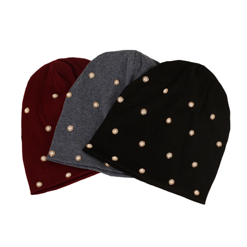 Geebro Women Soft Cotton Hats With Bead Accessories Fashion Baggy Caps Solid Color Warm Adult Outdoor Casual Skullies Beanies 2