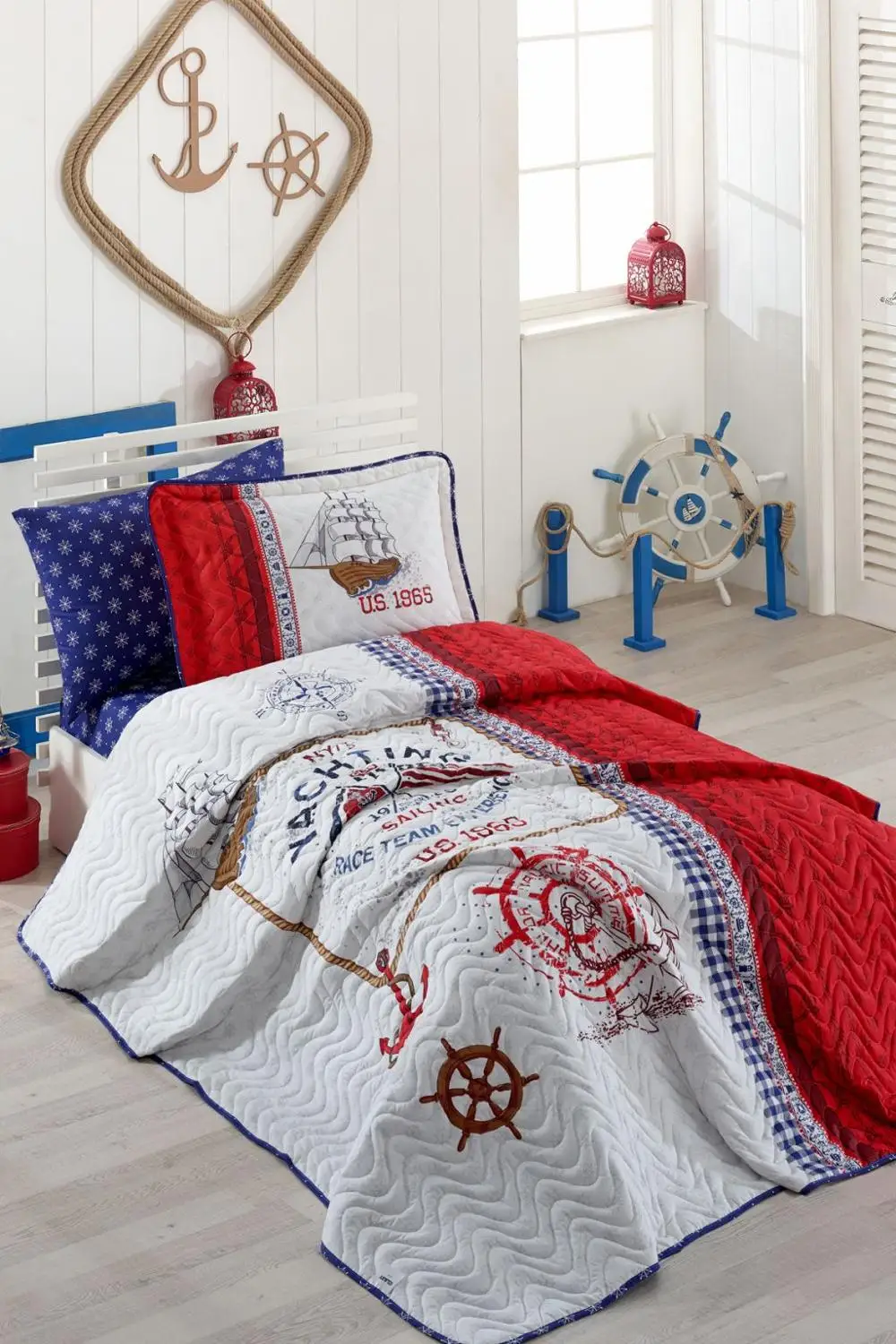 

turkish cotton single bedspread set, 2 pieces, bedspread and pillow case, sailling, Lighthouse