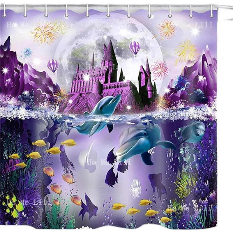 

Castle Ocean Shower Curtain Psychedelic Marine Life Dolphin Fairy Tale Dream Sea Mountains Aesthetics Polyester Decor