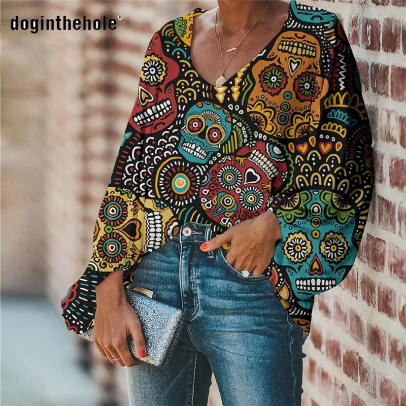 

Doginthehole Sugar Skull Gothic Retro Style Woman Tops Long Sleeve Shirt Women Blouse Woman Causal Fall Elegant Women Blouse Top