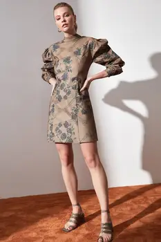 

BEYON BROWN PATTERNED VERTICAL COLLAR MINI HIGH KNEE DRESS WEAVING FASHION TOP CHIC ELEGANT LONG SLEEVE