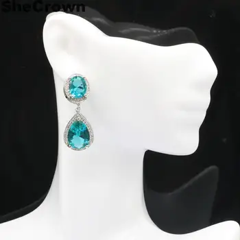 安い 34 × 14ミリメートル2020新着作成豊富なブルーアクアマリングリーンペリドットホワイトczギフト姉妹シルバーイヤリング