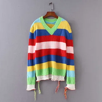 

NiceMix 2019 New Autumn Winter Women Sweater High Quality Mohair Rainbow Stripe Designer Runway Sweater Loose Pullover