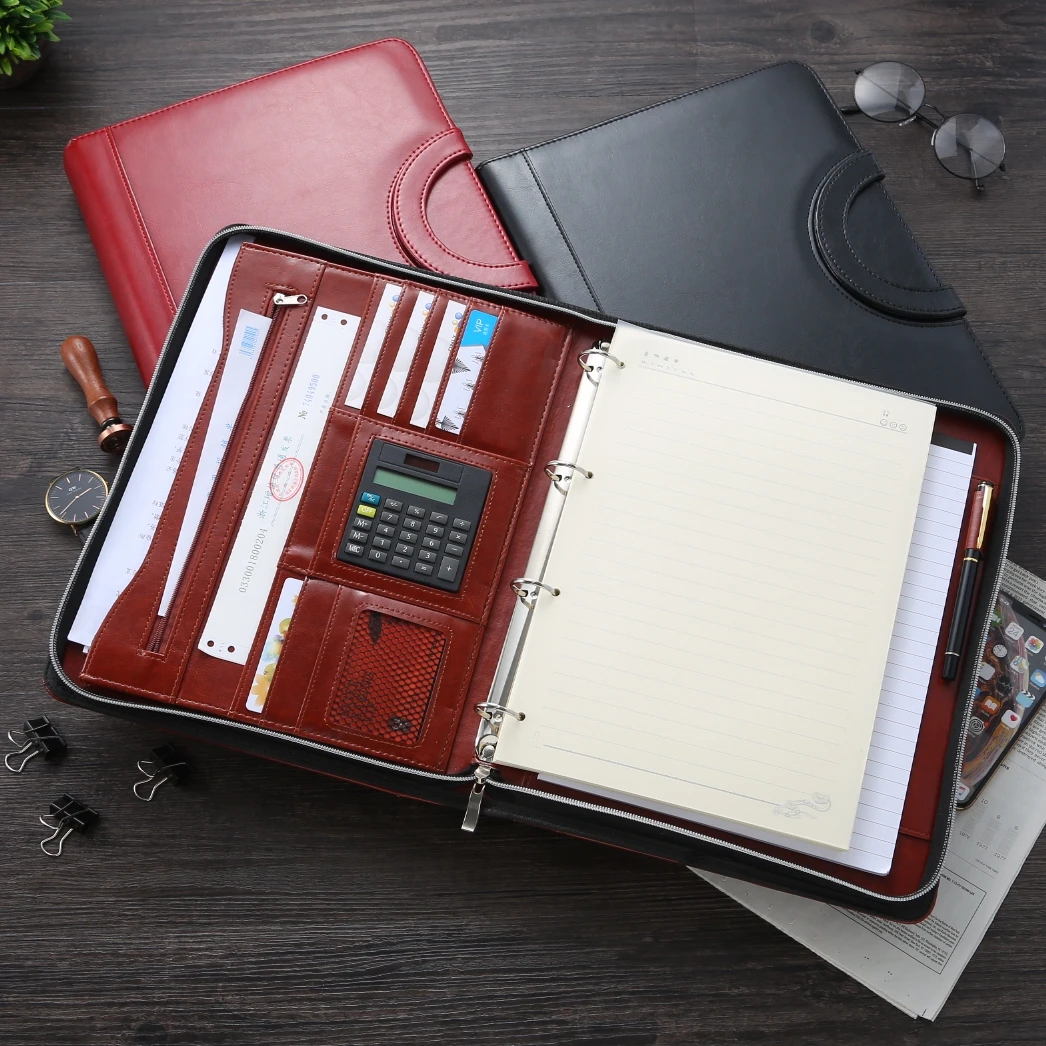 A4 Multifunction PU Leather Binder Document Folder Portfolio Padfolio With Zipper Leather Folder Office Padfolio