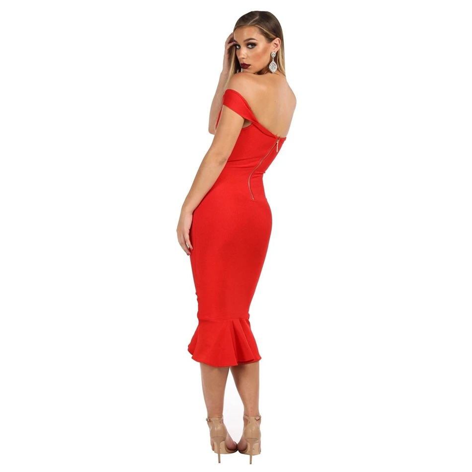 LEGER BABE сексуальное красное женское Бандажное платье оборки, открытые плечи Женские платья обтягивающие, Vestidos знаменитое вечернее платье