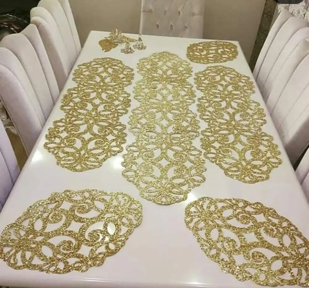 

Luxury Shiny Glass Fracture SARAYLI Ottoman Motifs Table Runner Set , Wedding Decoration, Marriage Decor,