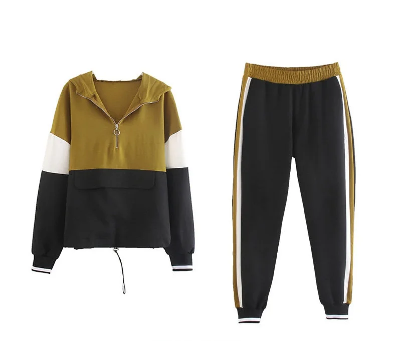 

Obrix Jacket+Pants Sporty Spring Autumn Female Set Hooded Loose Full Sleeve Zipper Pullover Mid Elastic Waist Side Stripes Pants