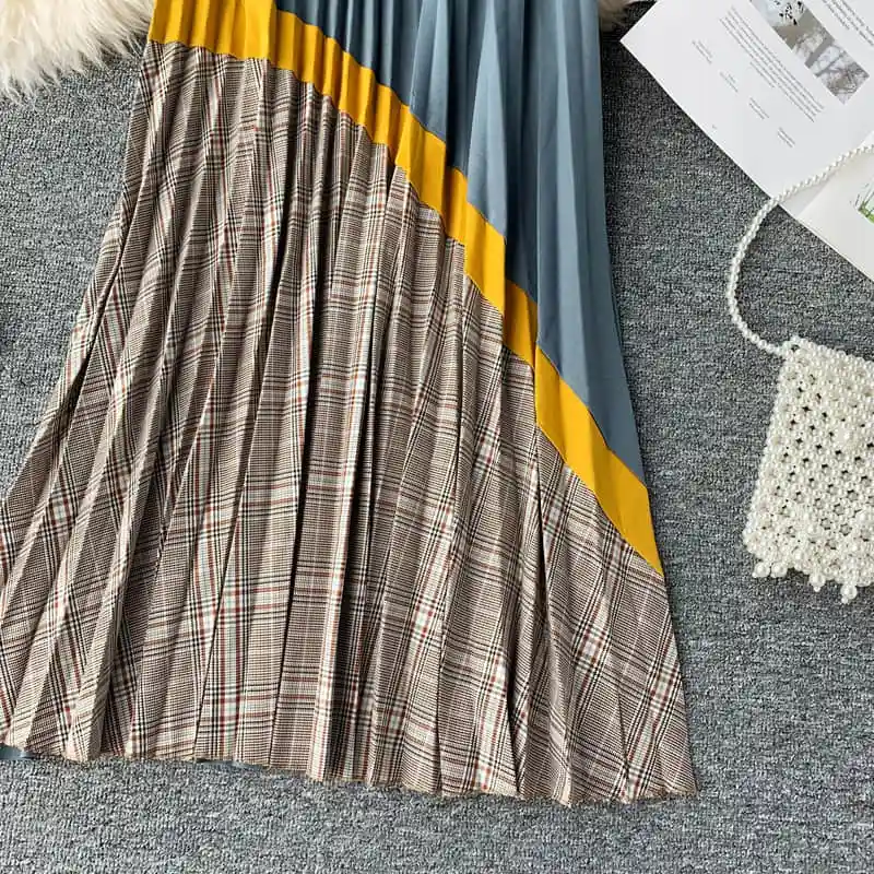 autumn Plaid High Waist Vintage Long Skirt Autumn Winter Bottoms Long Skirts A-line Patchwork Panelled Pleated Skirts