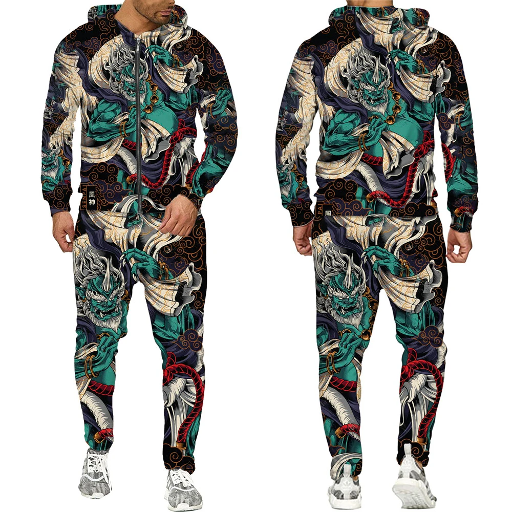 Autumn 3D Oriental Dragon God Printed Mens Hooded Sweater Set Male Japanese Samurai Tattoo Zipper 3d Tracksuit Men Clothing Suit mens jogger sets