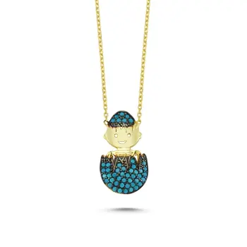 

Angemiel 925 Silver Turquoise Zircon Gemstone Egg & Baby Necklace-Gold Plated