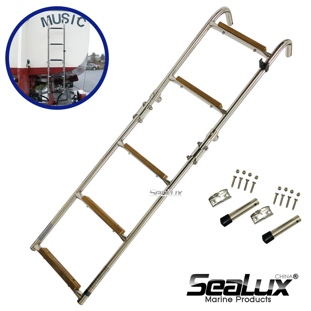 Sealux Stainless Steel 304 2+3 Steps Folding Ladder Boarding Ladder with Teak steps for Marine Boat Yacht Fishing Sail