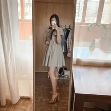 Ladies Dress Puff-Sleeve Square Collar Linen Khaki Vintage High-Waist Casual Summer Women