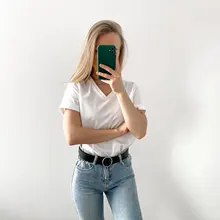 Summer T-Shirt Tees Short-Sleeve Basic Female V-Neck Women Ladies Hirsionsan 100%Cotton