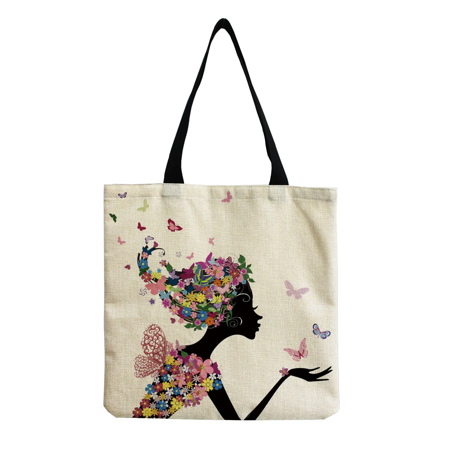 Flower Girl Print Linen Reusable Shopping Bags Women Large Tote Bags Fashion Handbags With Customized Printed Totes For Travel