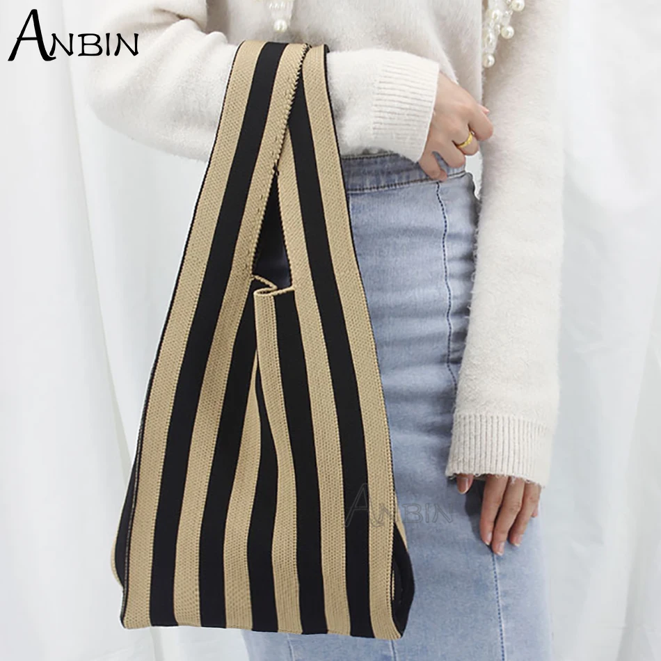 Women's Japanese Knot Wrist Bag Color Pinstripe Handbag Knitted Shoulder Tote Student Casual Crossbody Designer Shopping Bags |