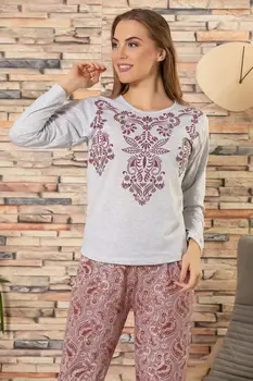 

STRAWBERRY Women 'S Gray Melange Printed Long Sleeve Pajamas Suit
