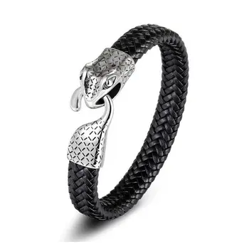 

Angemiel Men Black Steel Snake Figured Clip Pattern Leather Men 'S Bracelet