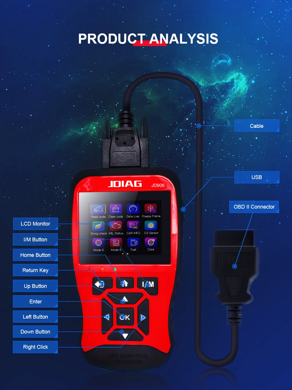 JDiag JD906 Профессиональный obd2 Автомобильный сканер автомобильный диагностический инструмент полная система обновленный код считыватель OBD2 сканер JD906