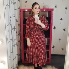 Autumn Winter Dot Bandage Dress Women Casual Ruffles V Neck High Waist Slim Print Long