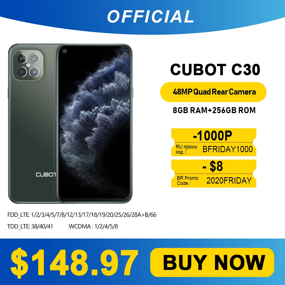 CUBOT C30 Smartphone 4G Dual Sim Android 10.0 NFC 6.4 Pulgadas FHD 128GB ROM 8GB RAM 4200 mAh Face ID Tel/éfono Movil Huella Dactilar Negro C/ámara Frontal 32MP C/ámara cu/ádruple de 48MP