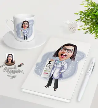 

Personalized Women 'S Eye Doctor Caricature Of White Notebook Pen Turkish Coffee Cup set