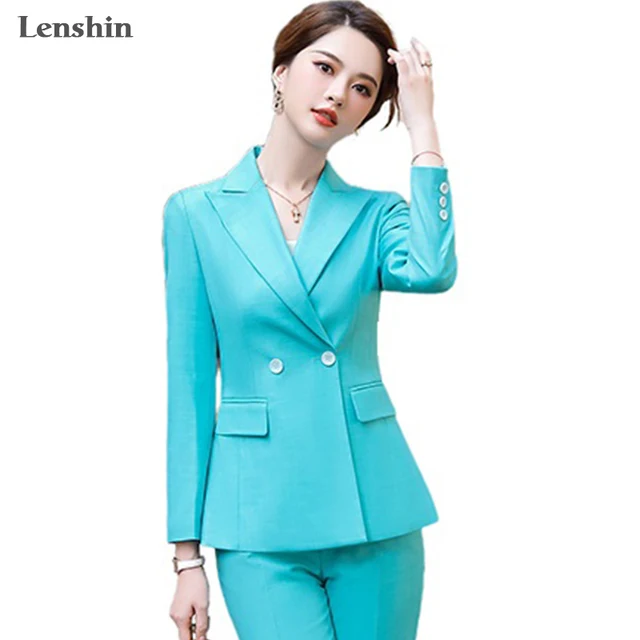 Lenshin высококачественный Женский Бирюзовый деловой комплект для женщин брючный костюм офисная одежда Однобортный блейзер с брюками 1