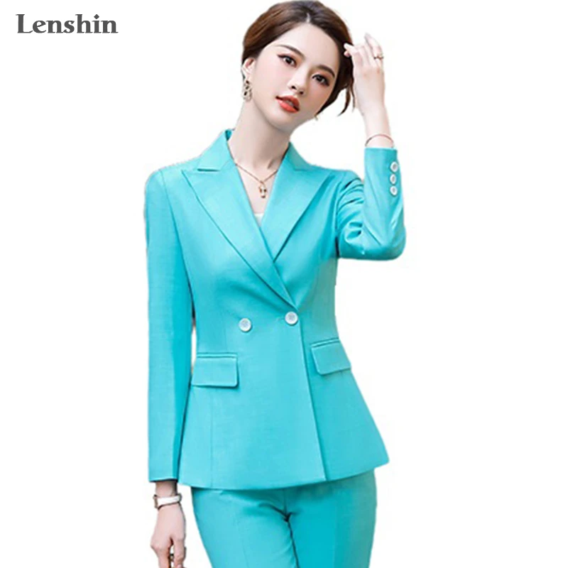 Lenshin Conjunto de negocios de Laday turquesa para mujer, traje de pantalón, ropa de oficina, Blazer de solo pecho con pantalones|Trajes de pantalón| - AliExpress