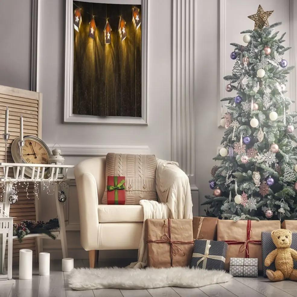 

Tapestry House Shaped Lights Hanging on Wooden Wall Snowy Night View Artwork Printed Yellow Brown