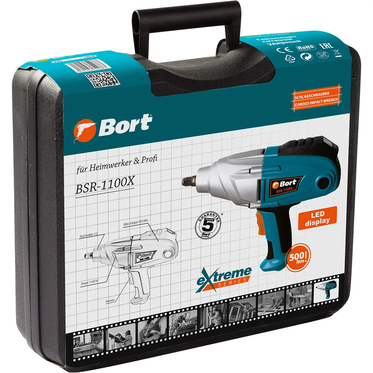 Гайковерт сетевой Bort BSR-1100X (Мощность 1100 Вт, регулировка крутящего момента, до 500 Нм на откручивание и 350 Нм на закручивание, квадрат 1/2 дюйма, LCD дисплей)