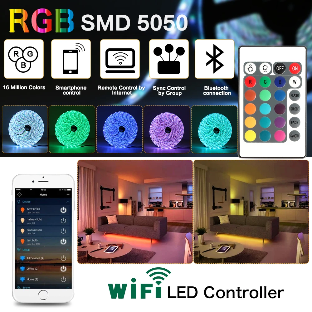 Wifi светодиодный светильник 5 м 10 м SMD RGB 2835 5050 диодный светодиодный ленточный Водонепроницаемый wifi светодиодный пульт дистанционного управления с адаптером