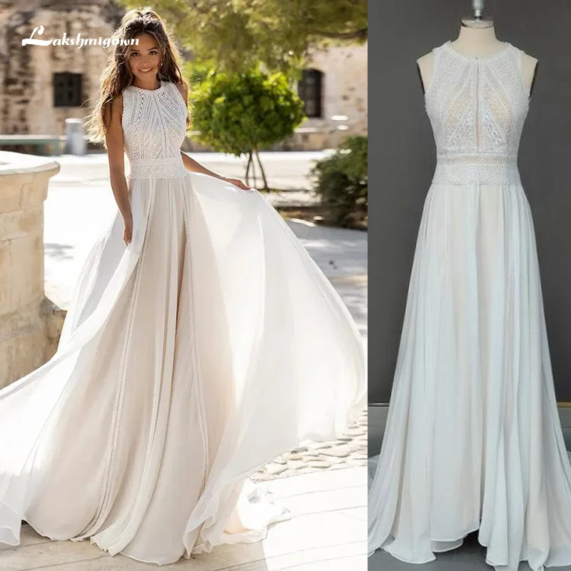 

Bohemian Chiffon Lace Wedding Dresses A Line Lace Bridal Gowns Open Back 2023 Brush Train Off the Shoulder O-Neck Floor-Length