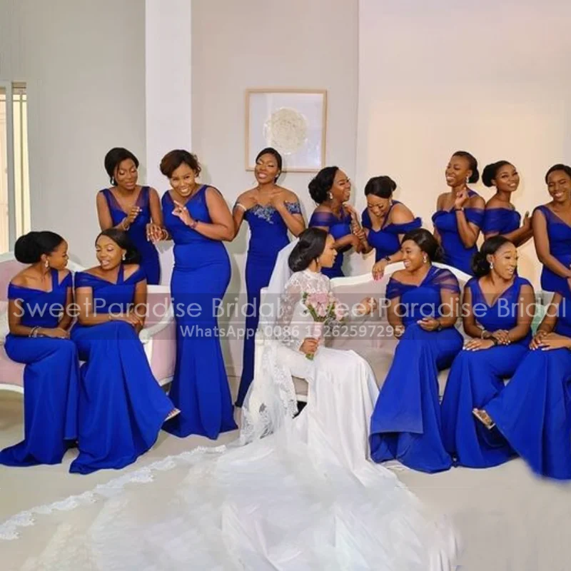 

Stylish Mermaid Royal Blue Bridesmaid Dresses African Women Sleeveless Trumpet Long Party Dress Maid Of Honor Bridal
