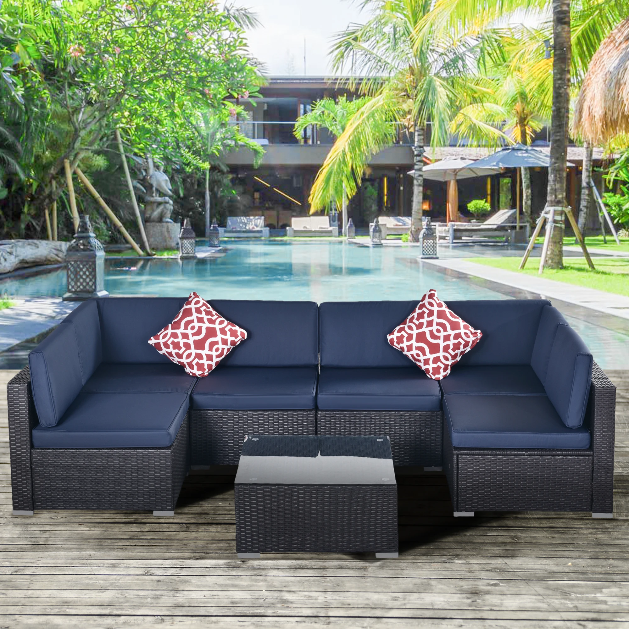 Outdoor Garden Patio Furniture 7-Piece PE Rattan Wicker Sectional Cushioned Sofa Sets with 2 Pillows and Coffee Table[US-Stock]