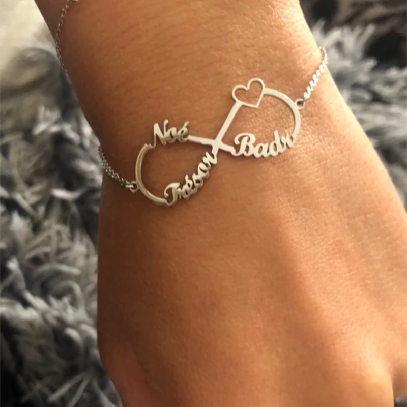 Online Stainless Steel Infinity Name Bracelet Femme Silver Color Custom Jewelry Personalized Heart Infinity Nameplate Charm Bracelet