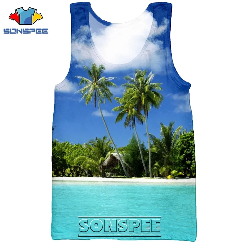 SONSPEE 3D Print Palm Tree Summer Beach Sea Men's Tank Tops Casual Fitness Bodybuilding Gym Muscle Men Sleeveless Vest Shirt