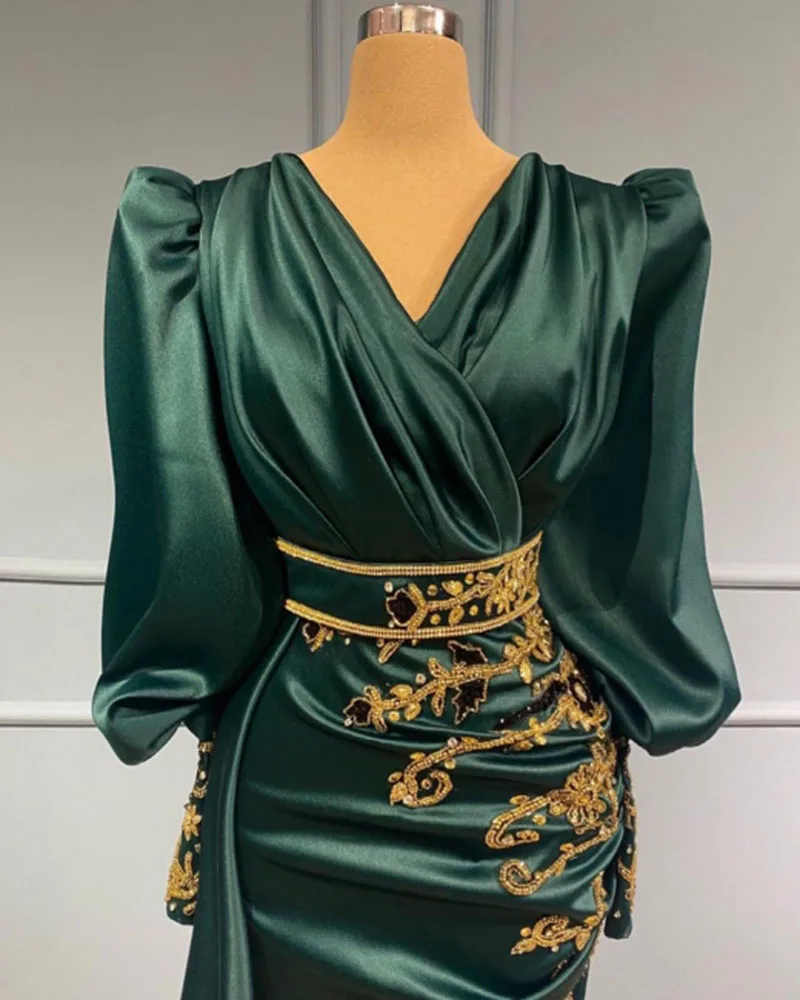 SoDigne Green Satin Evening Dresses Dubai Arabic Abiye Formal Prom Party Gowns With Gold Lace Long Sleeves 2022 Celebrity Dress
