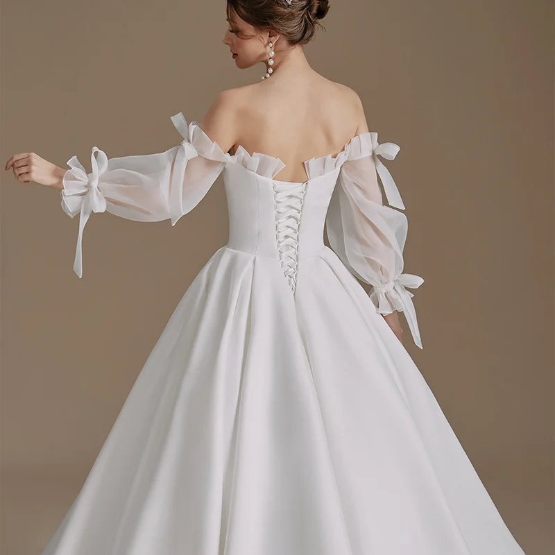 QD06103 Bow Rustic Wedding Dress Fullsleeve Wedding Dresses For Satin Civil Wedding Brush Train Dress Wedding Women robe mariage 6