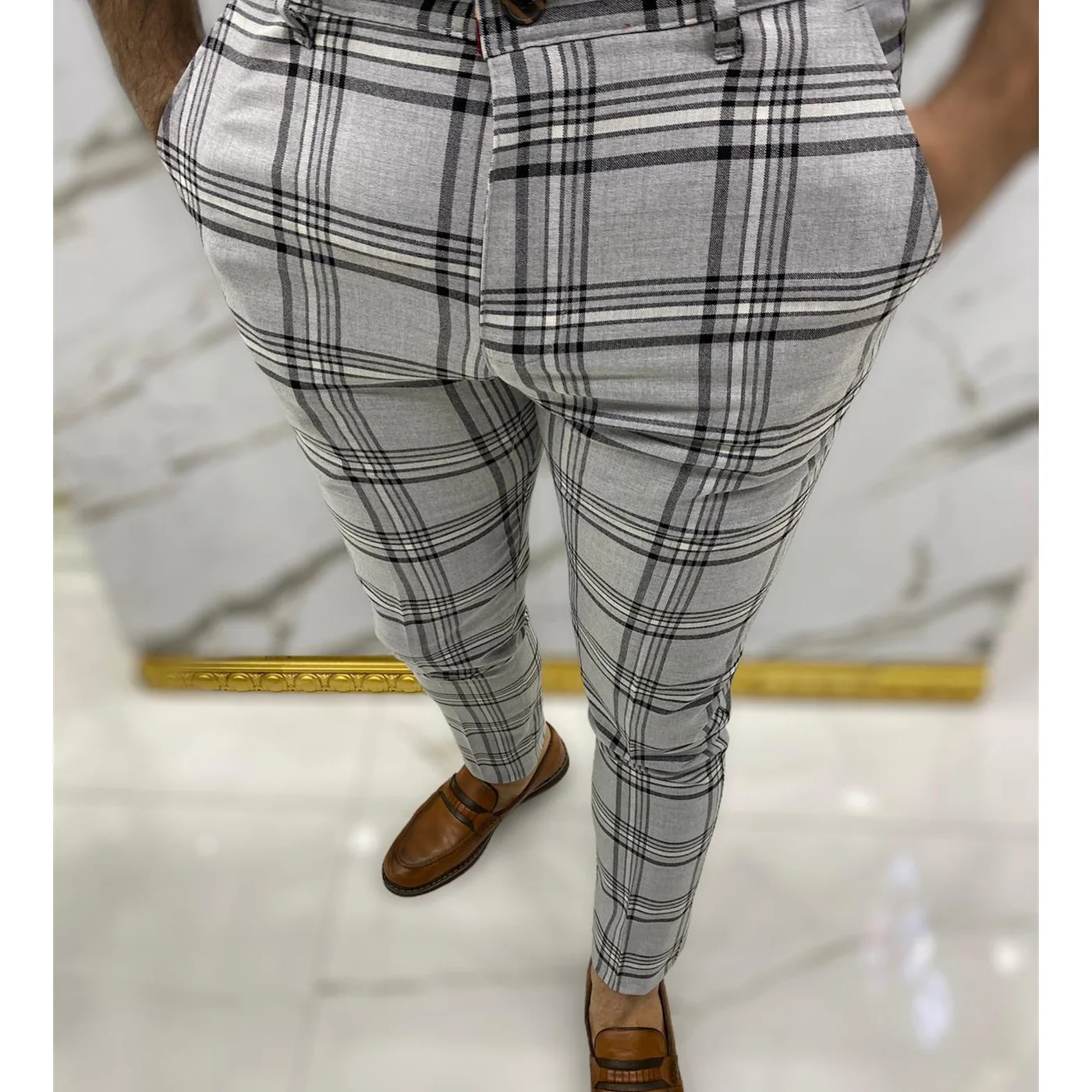 Plaid Pants For Men Checkered Trousers Lattice Striped Slim Fit Button Male Midwaist Korean Style Business Streetwear Clothing | Мужская