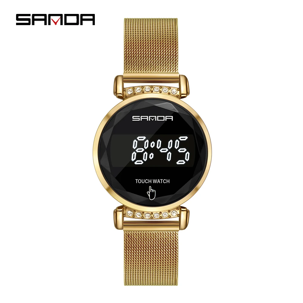 SAND brand new touch screen LED electronic movement double button ladies mesh belt watch calendar, month and week display