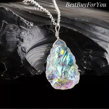 

Natural Raw Aura Quartz Pendant Necklace in 925 Sterling Silver for Women
