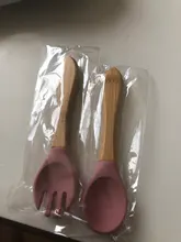Bopoobo-tenedor de bambú para bebé, cuchara de alimentación de bebé de madera de silicona, accesorios de alimentación para niños pequeños, grado alimenticio orgánico sin BPA, 2 uds.